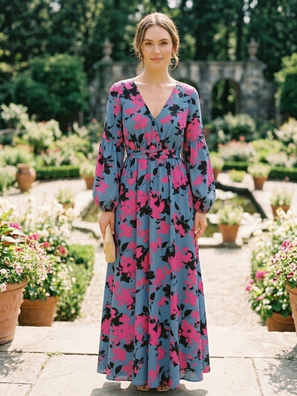 Blue Floral V-Neck Maxi Dress with Pink Blooms